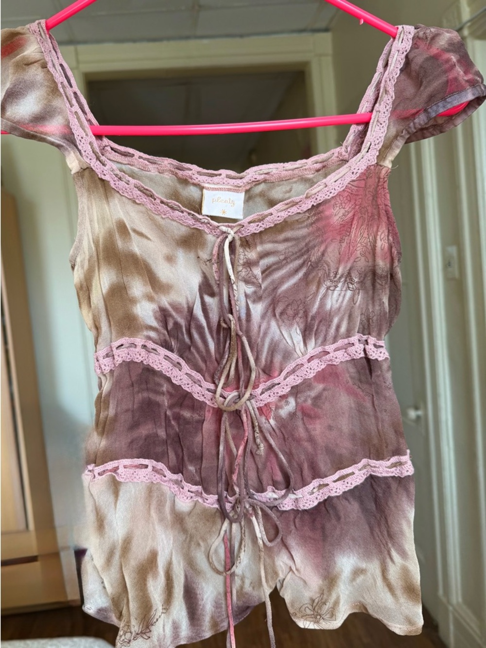 Pink & Brown Tie-Dye Lace-Trim Cami